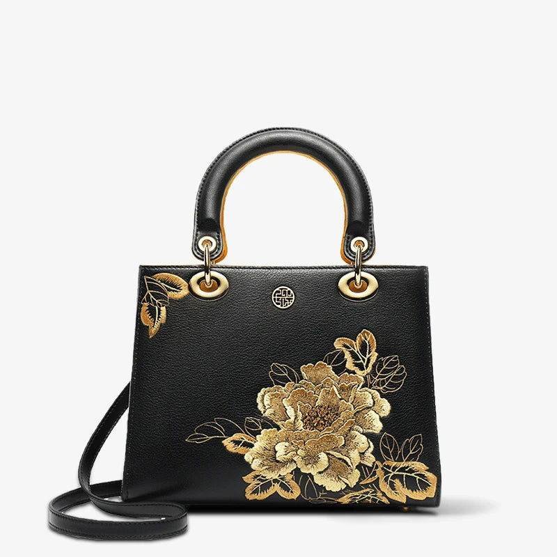 Embroidery Leather Black Lady Bag Gold Peony Luxury Handbag - Image 15