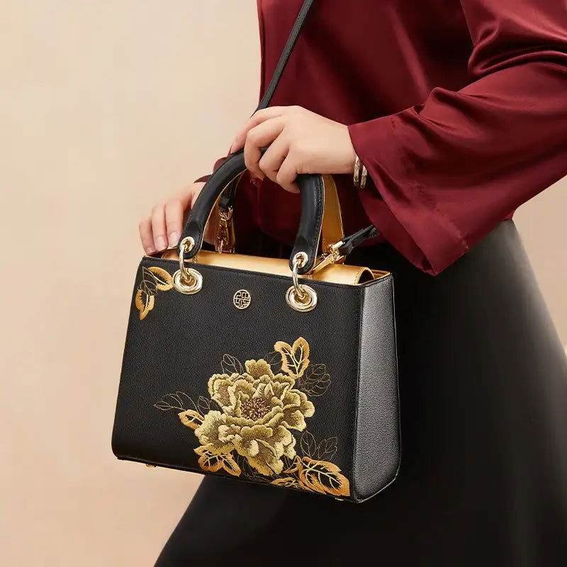 Embroidery Leather Black Lady Bag Gold Peony Luxury Handbag - Image 7