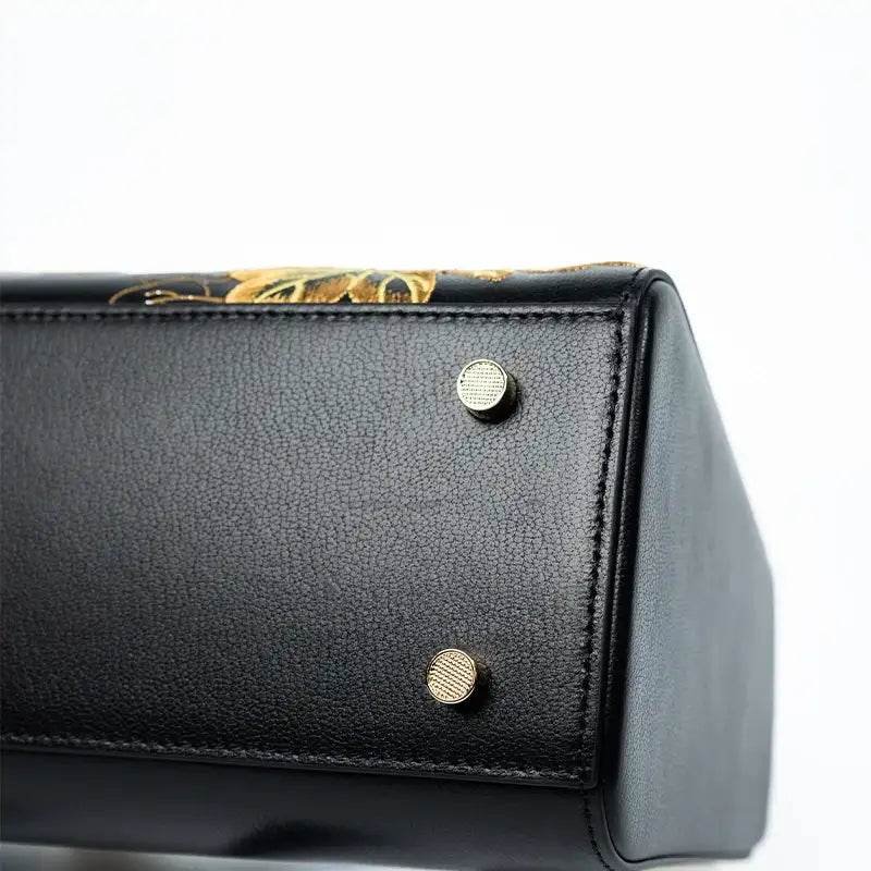 Embroidery Leather Black Lady Bag Gold Peony Luxury Handbag - Image 10
