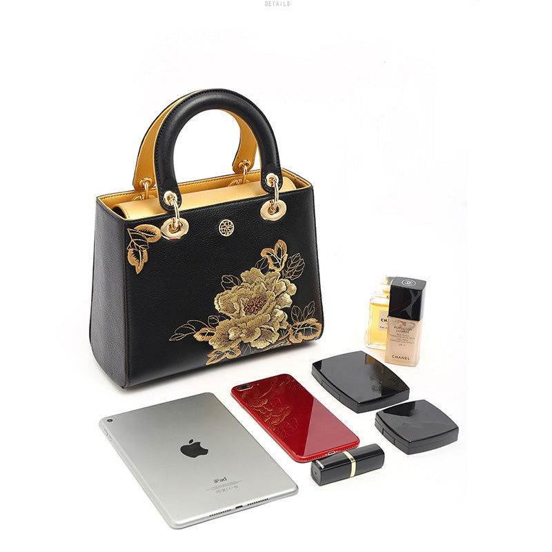 Embroidery Leather Black Lady Bag Gold Peony Luxury Handbag - Image 14