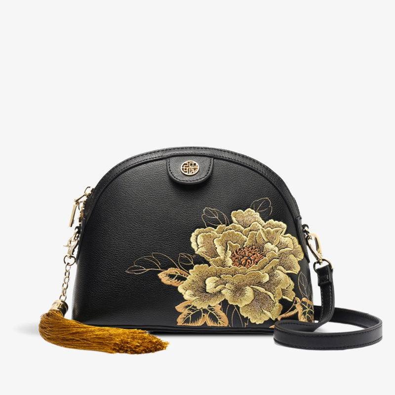Embroidery Leather Shoulder Bag High Luxury Royal Gold Peony - Image 8