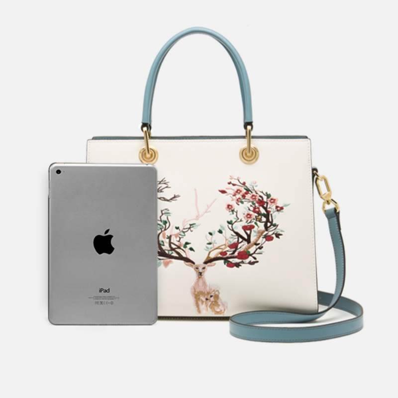 Embroidery Leather Tote Crossbody Bag Tricolor Deer - Image 8