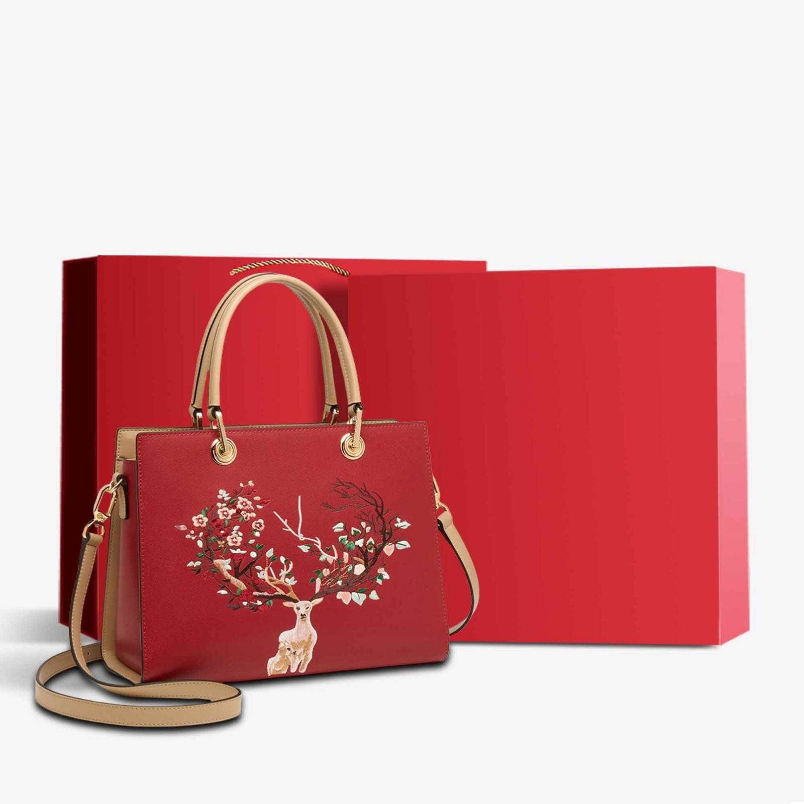 Embroidery Leather Tote Crossbody Bag Tricolor Deer - Image 12