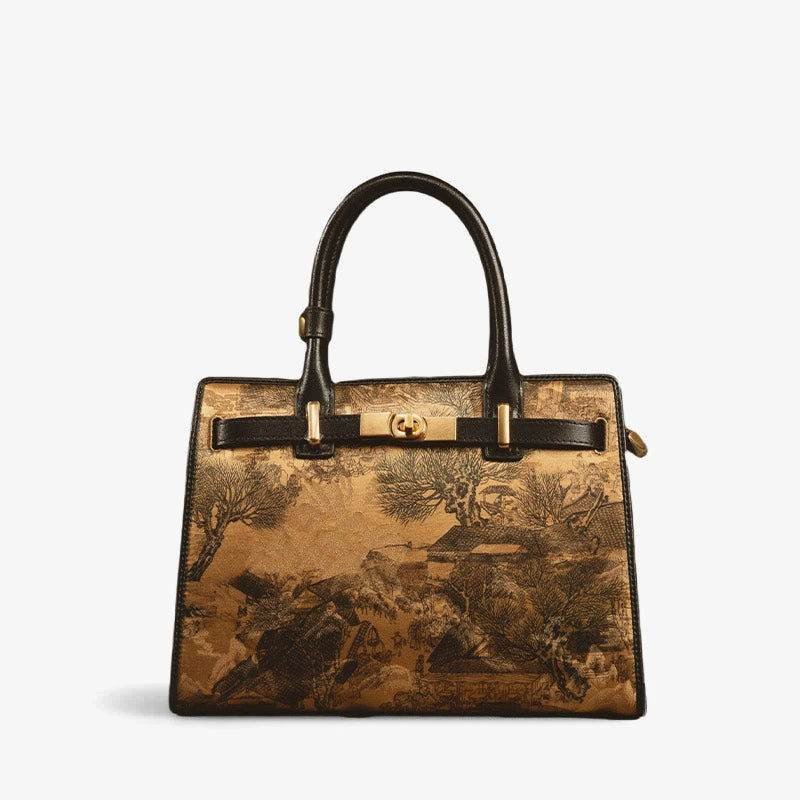 Handmade Xiangyunsha Silk Black Leather Kelly Bag Chinese Painting - Image 17