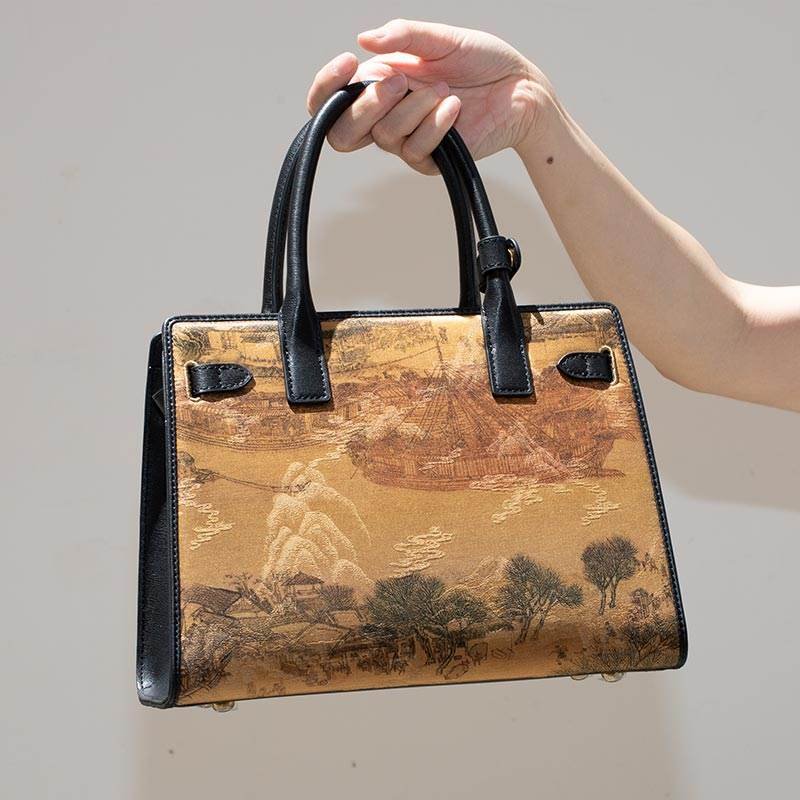 Handmade Xiangyunsha Silk Black Leather Kelly Bag Chinese Painting - Image 9