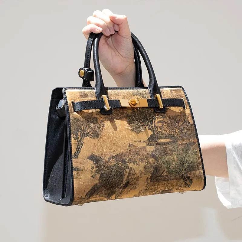Handmade Xiangyunsha Silk Black Leather Kelly Bag Chinese Painting - Image 10