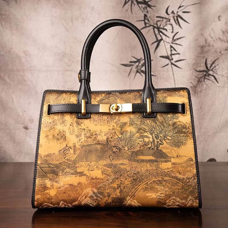 Handmade Xiangyunsha Silk Black Leather Kelly Bag Chinese Painting - Image 7