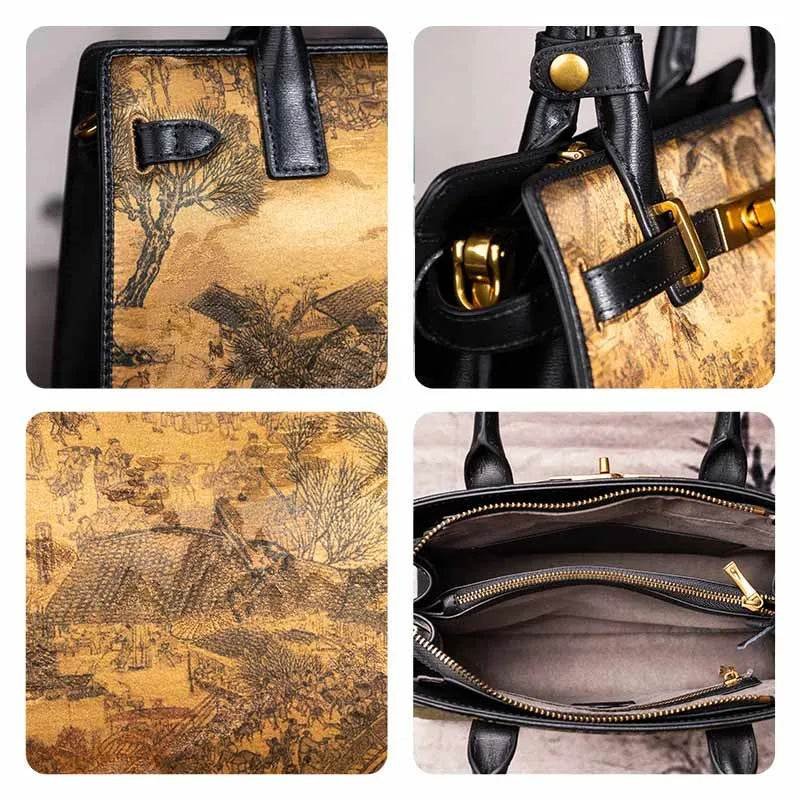 Handmade Xiangyunsha Silk Black Leather Kelly Bag Chinese Painting - Image 16