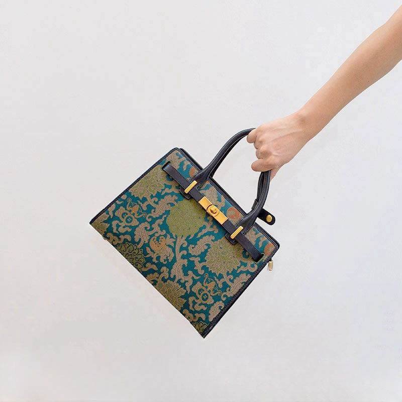 Handmade Song Brocade Chinoiserie Leather Kelly Bag Twining Flowers - Image 9