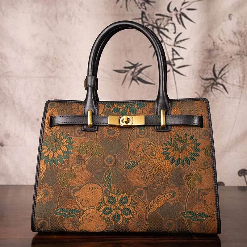 Handmade Song Brocade Chinoiserie Vintage Brown Kelly Bag - Image 2