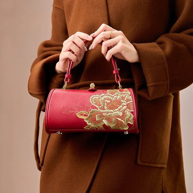 Embroidery Leather Kiss Lock Bag Royal Gold Peony Luxury Handbag - Image 7