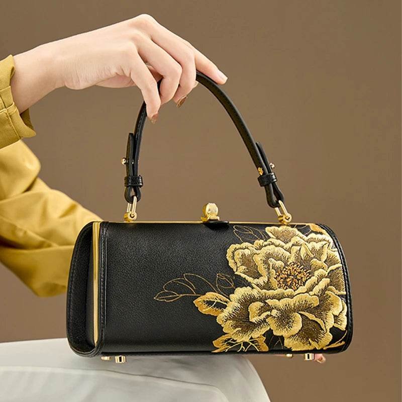 Embroidery Leather Kiss Lock Bag Royal Gold Peony Luxury Handbag - Image 5