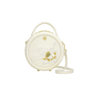 Embroidery Leather White Round Handbag Lotus