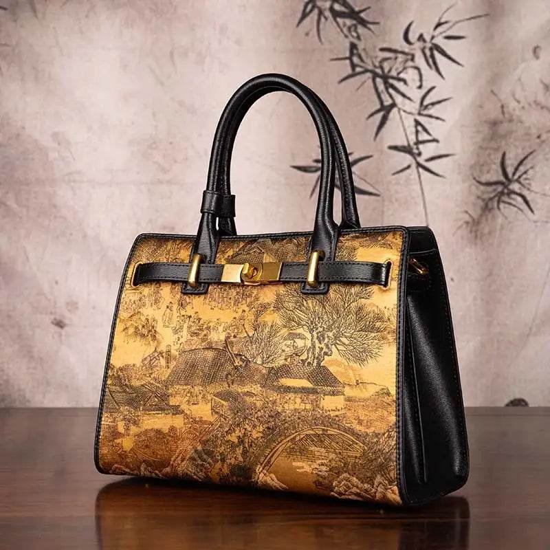 Handmade Xiangyunsha Silk Black Leather Kelly Bag Chinese Painting - Image 8