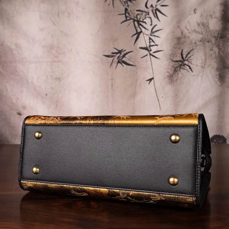 Handmade Xiangyunsha Silk Black Leather Kelly Bag Chinese Painting - Image 15