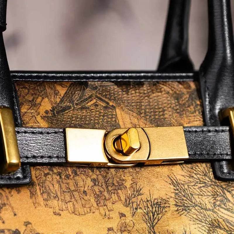 Handmade Xiangyunsha Silk Black Leather Kelly Bag Chinese Painting - Image 13