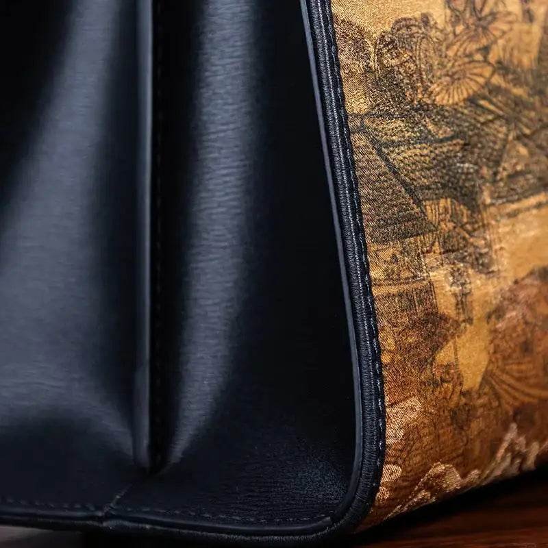 Handmade Xiangyunsha Silk Black Leather Kelly Bag Chinese Painting - Image 14