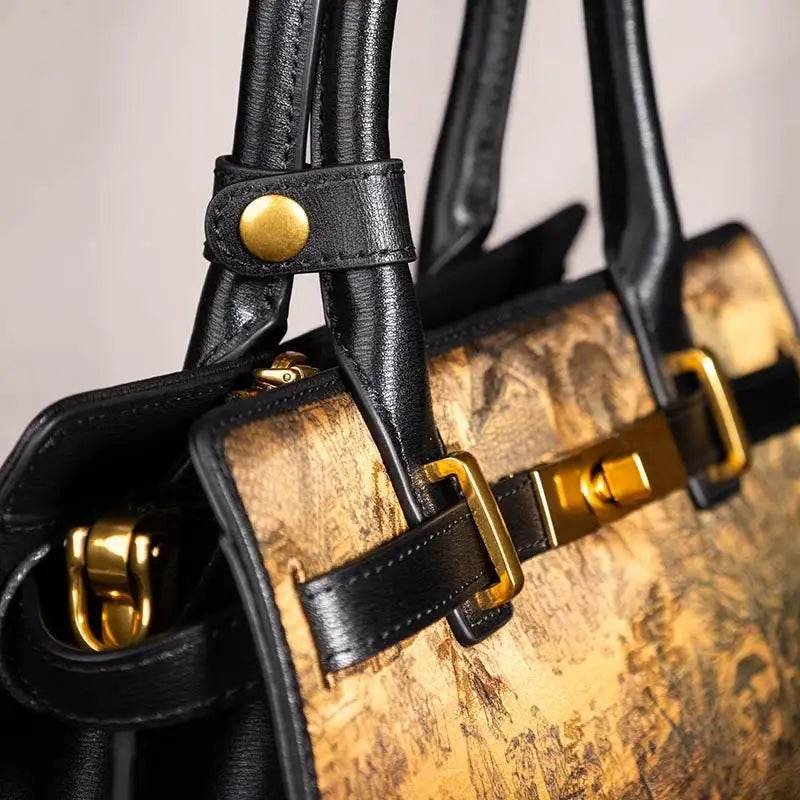 Handmade Xiangyunsha Silk Black Leather Kelly Bag Chinese Painting - Image 12