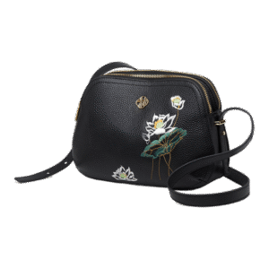 Embroidery Leather Shoulder Bag Black Lotus Handbag