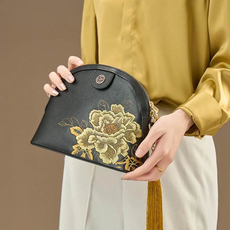 Embroidery Leather Shoulder Bag High Luxury Royal Gold Peony - Image 2