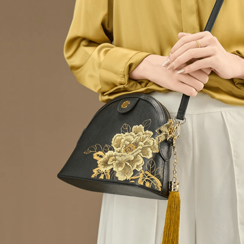 Embroidery Leather Shoulder Bag High Luxury Royal Gold Peony - Image 3