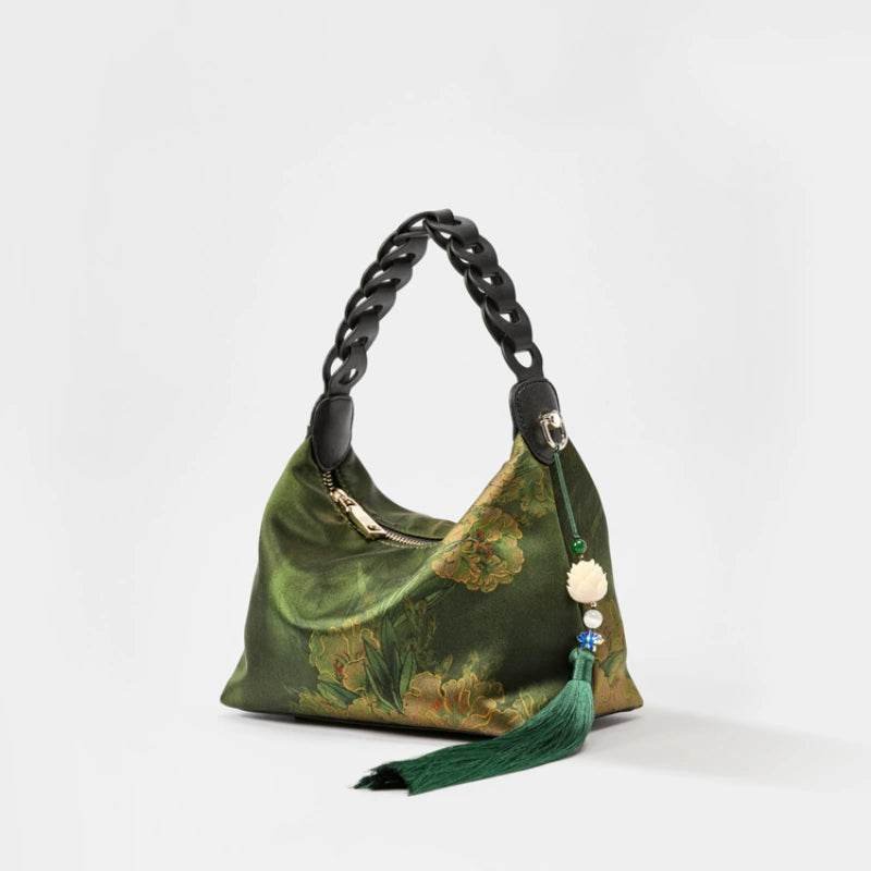 Xiangyunsha Silk Dark Green Mulberry Silk Shoulder Bag - Image 9