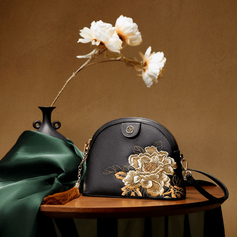 Embroidery Leather Shoulder Bag High Luxury Royal Gold Peony - Image 5